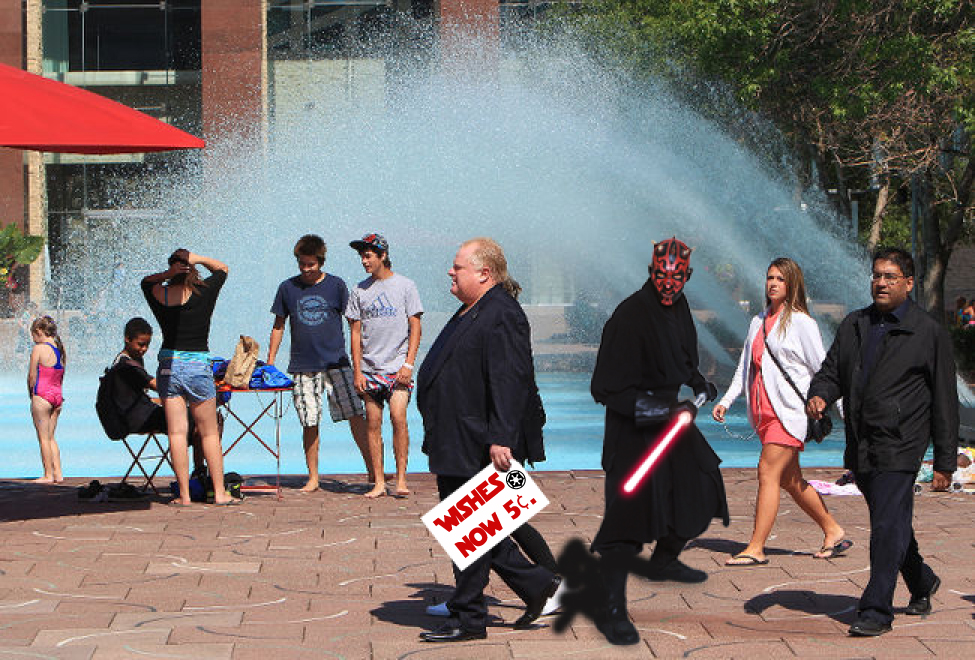 Toronto's Mayor, Lord Ford at Edmonton's City Hall. On an earlier trip, Ford had become enamoured with Edmonton's Skating Rink by Winter, Wading Pool Fountain in the Summer. Ford visited his favourite versatile fountain with a little present. Even with tight security, Ford was overheard whispering to the fountain, "join me and we can rule the fountains."