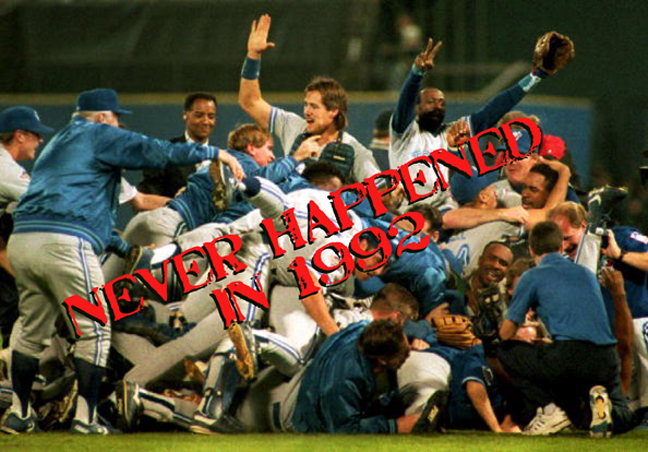 The Toronto Blue Jays defeat the Atlanta Braves in Game six of the 1992 World Series. It was the first time the World Series was won by a team outside of the United States.