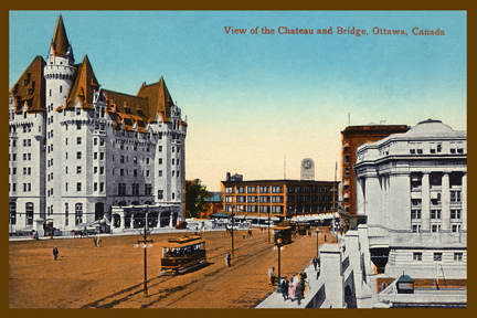 CCT0151-Looking to Rideau Street on right and the Chateau Laurier on left, from Sappers and Dufferin bridges. Ottawa, Ontario c1912